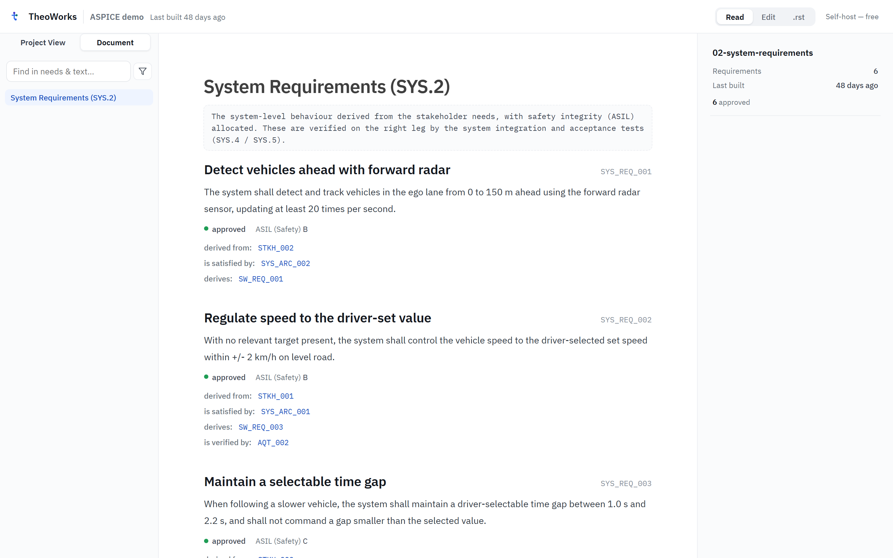 The TheoWorks editor showing a system requirements document, with rendered requirement blocks including status, ASIL rating and traceability links