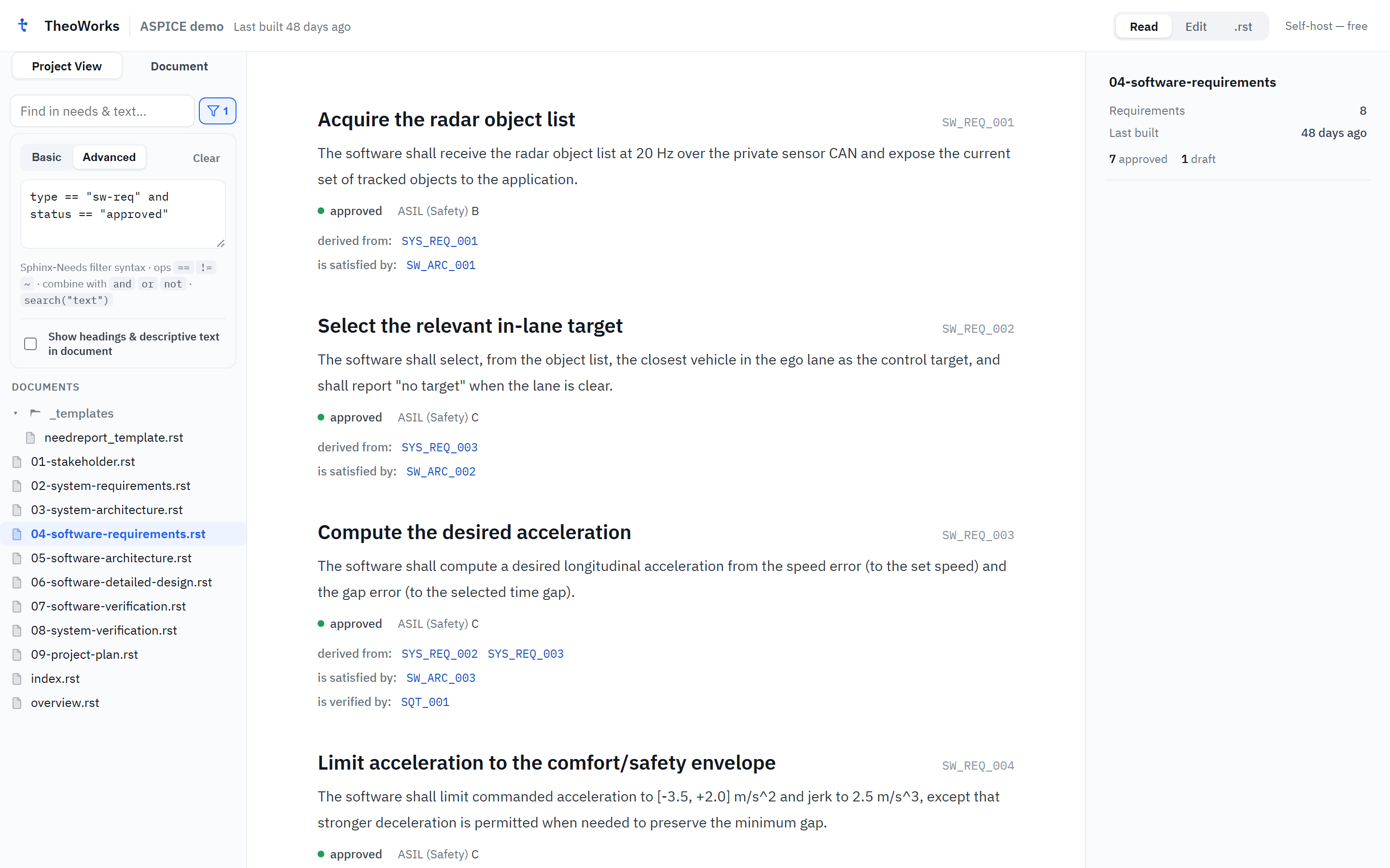 Project View: the document tree and a needs filter with a query applied.